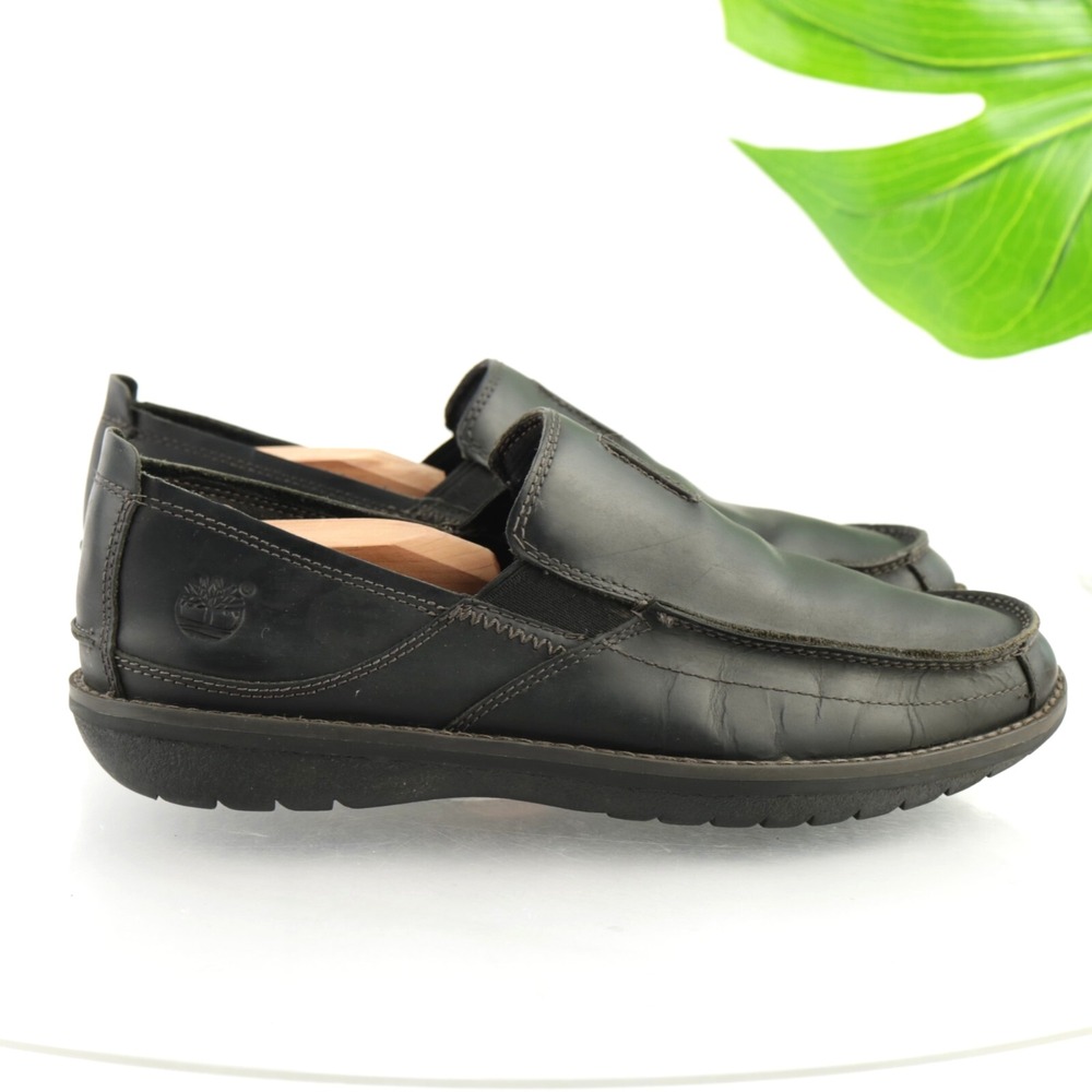 Timberland Mens Loafers Size 8 Black Leather Slip On Casual Comfort Moc Toe Shoe